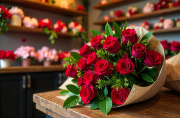 Obraz premium Red roses in craft paper on the table of the flower shop. Shelves with flowers create a bright background. For the design of advertisements, articles about the flower business and holiday surprises