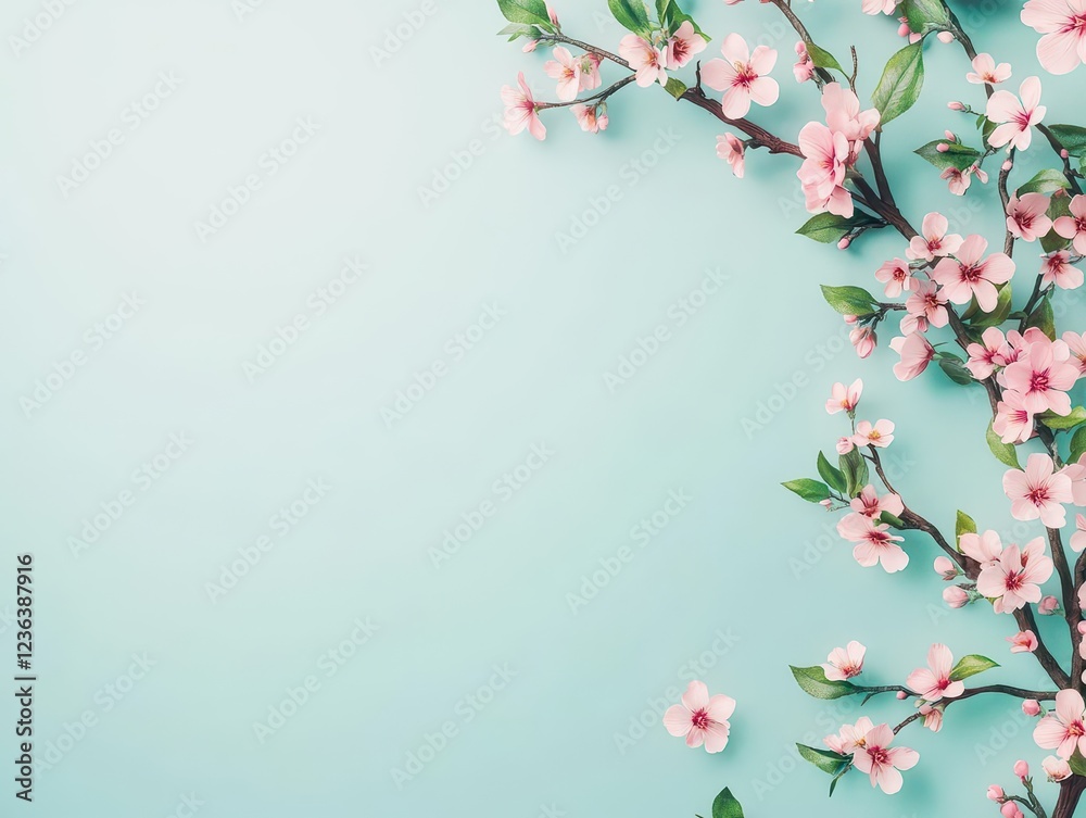 Poster vibrant pink blossoms on a bright blue canvas evoking joyful spring vibes with a playful contrast be