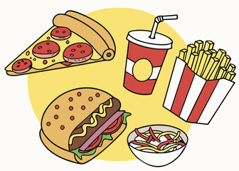 Set of fast food colorful doodles on a white background. Fast food cartoon elements collection