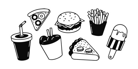 Set of fast food colorful doodles on a white background. Fast food cartoon elements collection