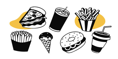Set of fast food colorful doodles on a white background. Fast food cartoon elements collection