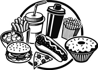 Set of fast food colorful doodles on a white background. Fast food cartoon elements collection