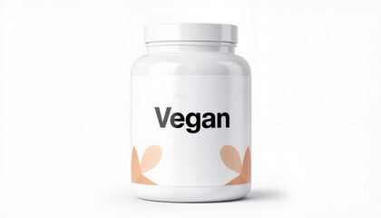 Vegan supplement jar with minimalist design for health blogs, nutrition websites, wellness resources, dietary education, online stores, and lifestyle presentations