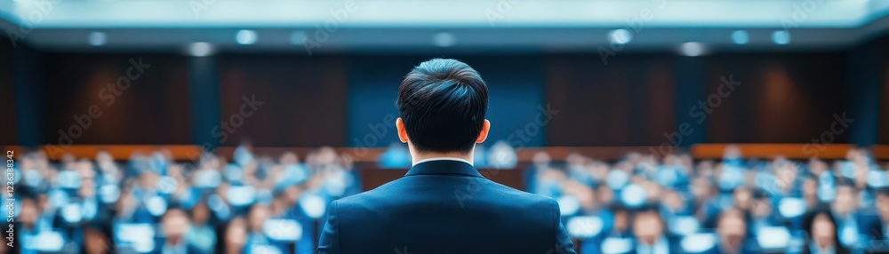 Aufkleber confident man in formal suit addressing engaged audience in a professional setting with bright light