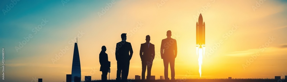 Poster silhouettes of diverse individuals against a majestic city skyline at dusk evoking a sense of unity 