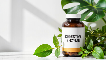 Digestive enzyme supplement bottle surrounded by fresh green leaves for health blogs, wellness websites, product marketing, nutrition education, and dietary content
