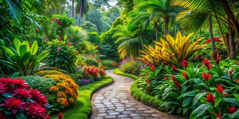 Lush Tropical Garden Pathway with Vibrant Flowerbeds