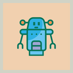 Stylized blue robot icon with orange details on a soft peach background