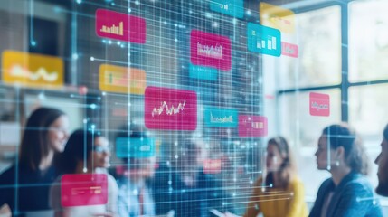 Fototapeta premium Engaging Group of Individuals Analyzing a Wall Covered in Brightly Colored Sticky Notes Creating a Vibrant Collaborative Brainstorming Environment