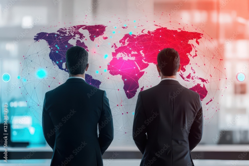 Poster Two Businessmen Analyzing a World Map in a Modern Office Setting with Focused Expressions Representing Global Strategy and Collaboration in Business