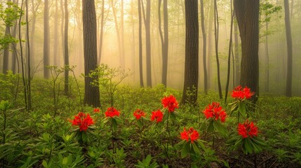 Misty forest sunrise, red rhododendrons, spring bloom, nature wallpaper