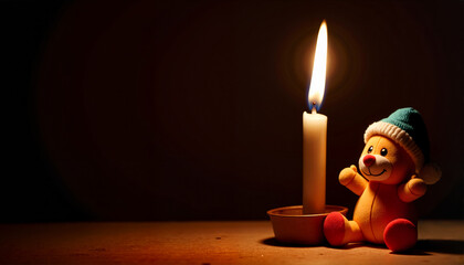 Candlelit teddy bear with Santa hat for holiday-themed blogs, websites, greeting cards, festive decorations, winter celebrations, and children's party materials