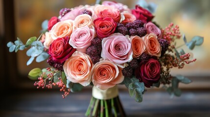 Obraz premium A pink and red rose bouquet with glitter accents