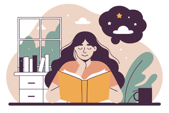 Young woman reading a book and imaging fantasy worlds vector illustration