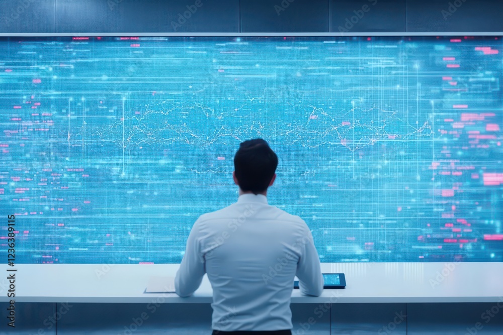 Poster A man gazing intently at a large digital screen displaying vibrant images in a modern environment evoking curiosity and technological fascination