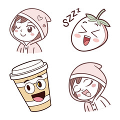 cartoon characters. playful digital illustration with pastel colors. whimsical designs featuring a sleepy tomato and coffee cup.