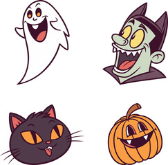 cartoon-style halloween characters. cheerful ghost and vampire with playful halloween spirit. halloween-themed black cat and pumpkin illustration.