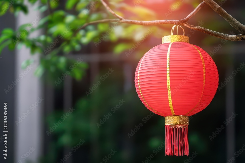 Poster vibrant red chinese lantern gracefully suspended from tree branch illuminating the surrounding atmos