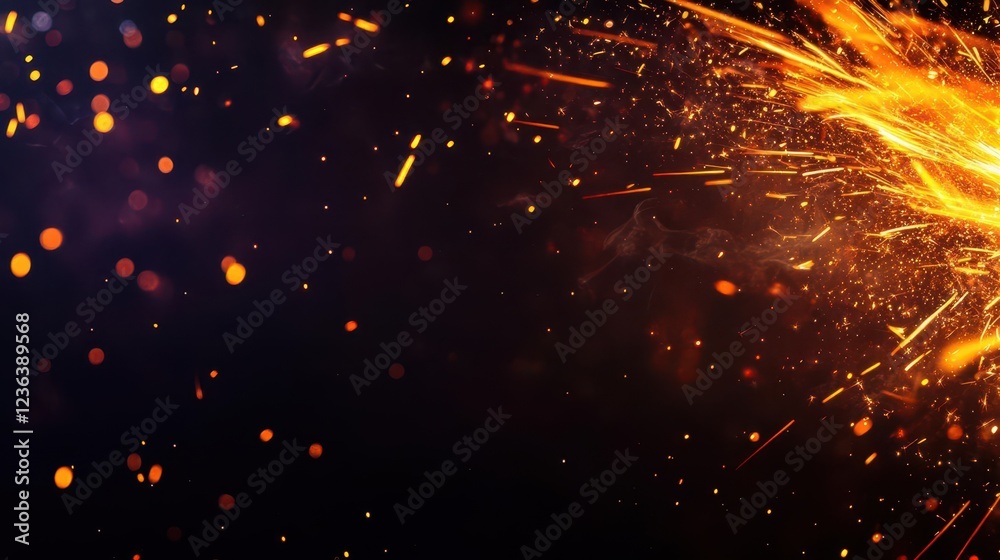 Poster Vibrant Orange Fire Sparkling Intensely Against a Rich Dark Background Creating a Captivating Contrast of Light and Shadow in a Mysterious Atmosphere