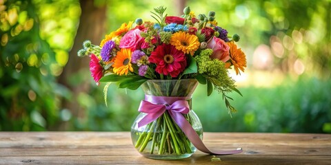 Beautiful bouquet of colorful flowers in a glass vase with greenery and ribbon , vases for flowers, decorative centerpiece