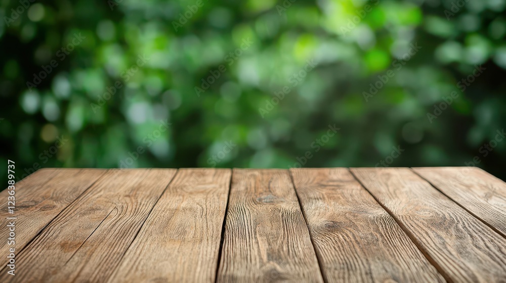 Poster Wooden Table Top Surrounded by Lush Green Nature Creating a Calm and Inviting Atmosphere Ideal for Relaxation and Reflection in a Natural Setting