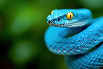 Fototapeta premium Vibrant Blue Snake with Striking Yellow Eye Coiled Among Lush Greenery in a Tropical Habitat Showcasing the Beauty of Wildlife and Nature