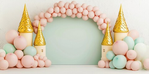 A whimsical balloon arch featuring pastel colors and castle towers, perfect for a fairytale-themed celebration or event backdrop.