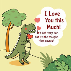 Naklejka premium Funny Valentine's Day T-Rex with Heart. Cute Dinosaur Struggling with Love. Humorous Valentine�s Day Vector with Tiny Arms.