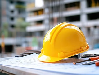 Construction Hard Hat Resting on Detailed Blueprint Plans Symbolizing Safety and Planning in the Building Industry with Tools and Materials Nearby