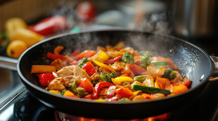 Asian cuisine stir fry chicken and colorful vegetables cooking in a pan 