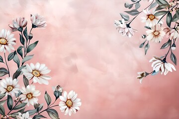 on the right is a botanical watercolor illustration of daisy branches with white and pink flowers and green leaves on a pastel pink background with an empty space on the left