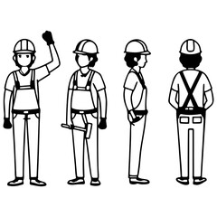 Handyman, repair worker, plumber in uniform. Front, side and back view set. Body parts, postures, poses collection vector illustration.