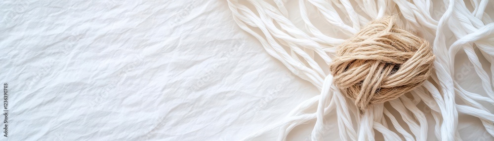 Poster intricately woven rope knot on crisp white fabric evoking a sense of craftsmanship simplicity and se
