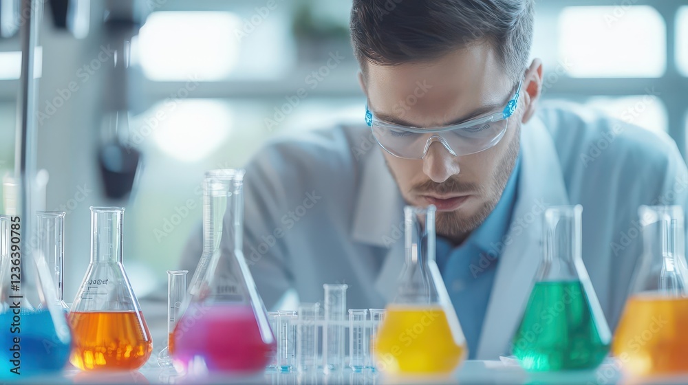 Poster Scientist in Laboratory Coat and Safety Goggles Analyzing Colorful Liquid in Test Tube Illuminated by Bright Overhead Lights Creating a Curious Atmosphere