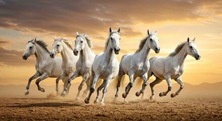 Majestic White Horses Galloping at Sunset