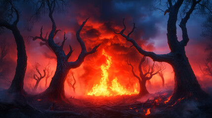 Dramatic Forest Fire with Charred Trees and Fiery Flames Under Dark Stormy Sky