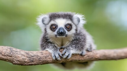 Obraz premium Ring-tailed lemur baby on branch, green background