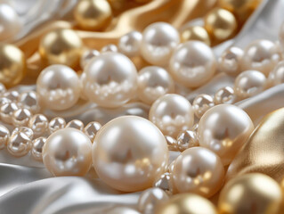 A cascade of pearls resting on golden fabric, exuding sophistication and beauty.