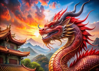 Majestic Crimson Dragon: A Digital Masterpiece of Asian Myth