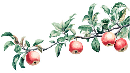 A vintage-style botanical illustration showcasing an apple tree branch with ripe apples, lush green leaves, and delicate pastel tones, ideal for adding a subtle, natural vibe to your home decor. © aura studio