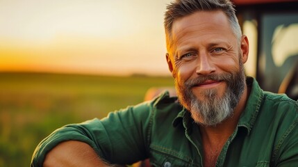 Confident Bearded Man Smiling in Green Shirt Against Farm Background During Golden Hour