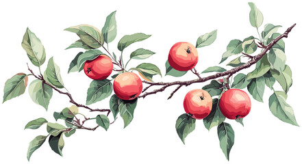 Soft pastel tones blend beautifully in a vintage botanical illustration of an apple tree branch with ripe apples and green leaves, creating the perfect fruit-inspired decor piece.