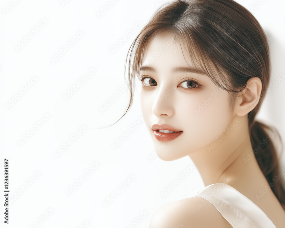 Poster 美肌の若くて可愛いアジア人女性モデルの美容ポートレート。流行りのメイクをしているファッション撮影。