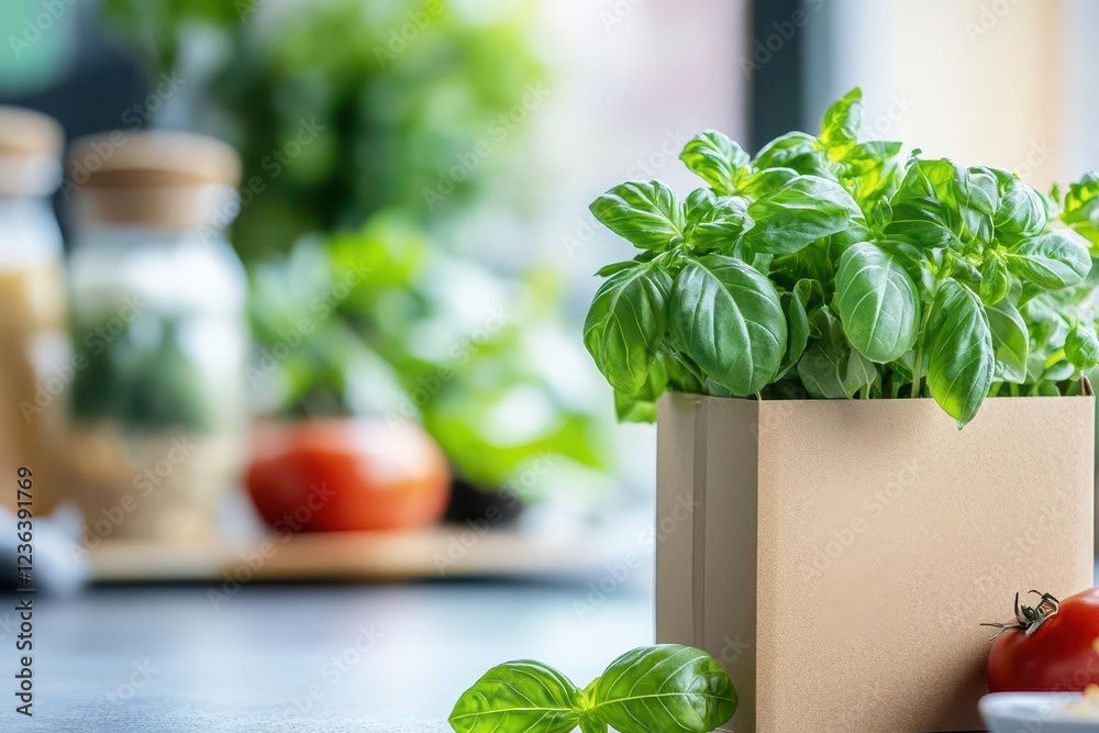 Poster freshly harvested basil and juicy ripe tomatoes arranged on a rustic kitchen counter surrounded by n