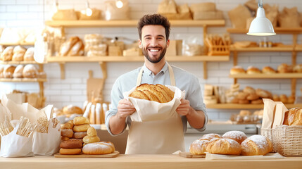 Bakery worker proudly showcasing fresh bread at shop