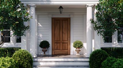 Main entrance door in house. Wooden front door with gabled porch and landing. Exterior of georgian style home cottage with columns. Created with