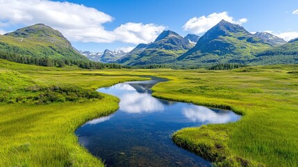 Serpentine river reflecting mountains, lush valley
