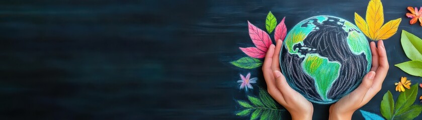 A woman's hands gently cradle a painted globe adorned with vibrant leaves and colorful flowers symbolizing nature's beauty and environmental awareness