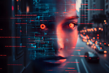 Obraz premium Cyber's eye with smart contact lens, AI cyber intelligence retinal, wallpaper