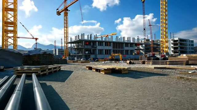 A construction site features PVC pipes organized on wooden pallets, set against a backdrop of cranes and an incomplete concrete building, capturing the essence of industrial progre